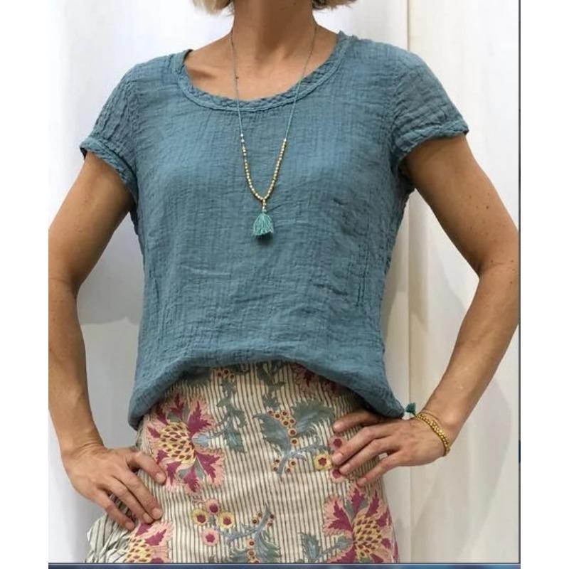 Vintage Doppellagiges Crepe T-Shirt Damen Sommer Bequemes Casual O Neck Tops Weiblich Neue Einfarbige Baumwolle Kurzarm T-Shirts S see-blaue