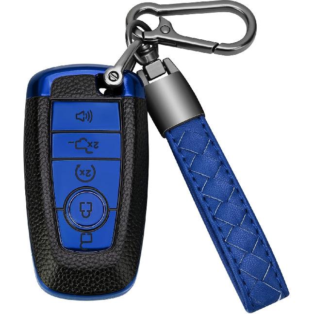 for Ford Key Fob Cover Soft TPU with Leather Keychain Key Case Shell Full Protection Compatible with Ford Explorer Mustang Fusion Escape F150 F250