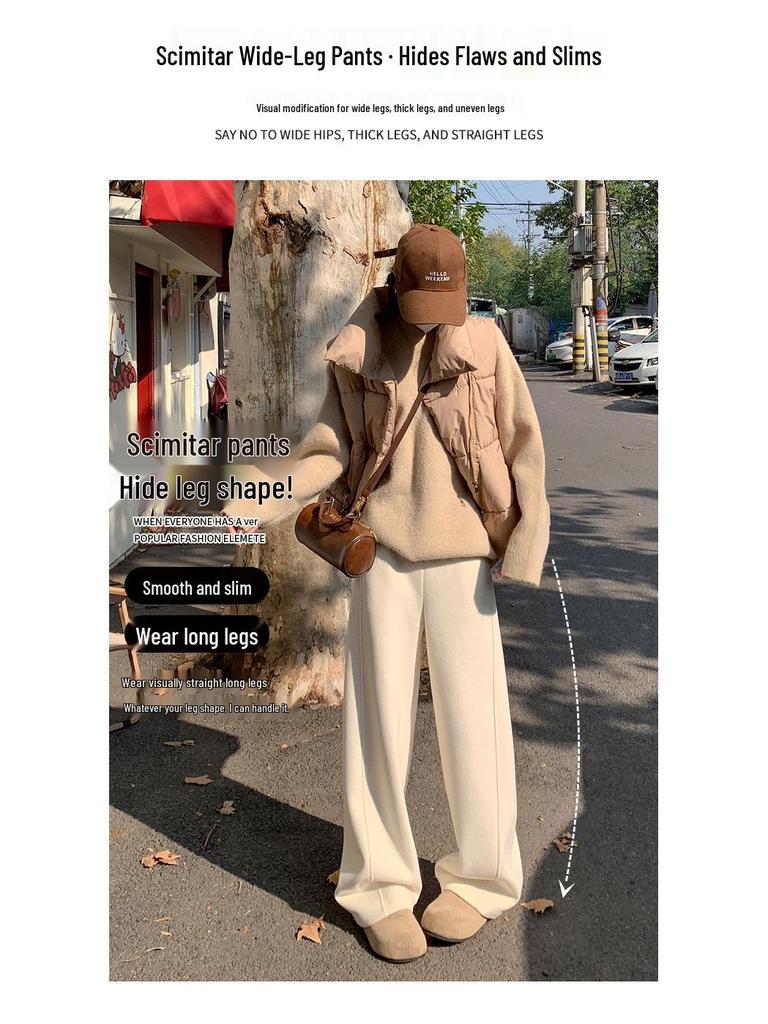 White Cashmere Wide-Leg Sweatpants: Women's 2025 Autumn/Winter High-Waisted Soft Velvet Rice Pants