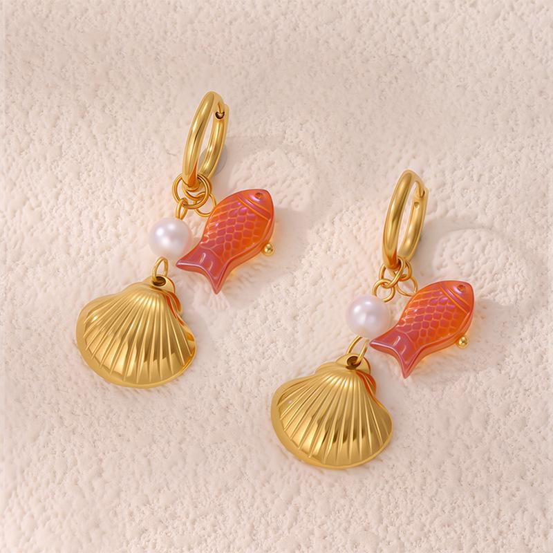 High-End Ocean Style Pearl Shell Hoop Earrings for Women - Elegant Stainless Steel Jewelry