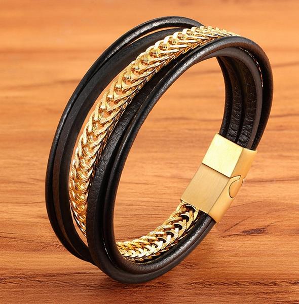 Stainless Steel Leather Bracelet for Mens Chain Charm Jewelry Magnetic Clasp Bangle for Dad Boyfriend Lover Birthday Gifts 19cm