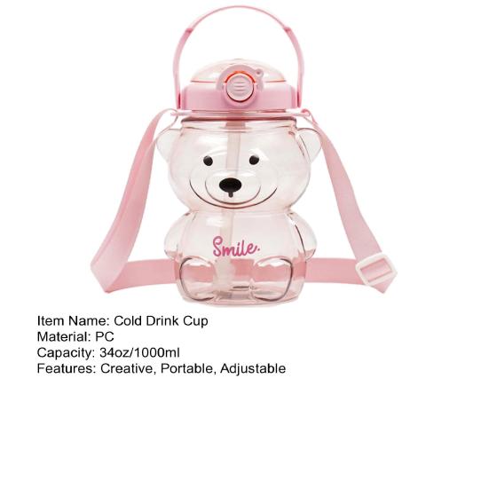 Bear Water Bottle with Straw 34oz BPA-Free Kids Tumbler Leak-Proof Cold Drink Cup Portable Drinkware with Adjustable Strap