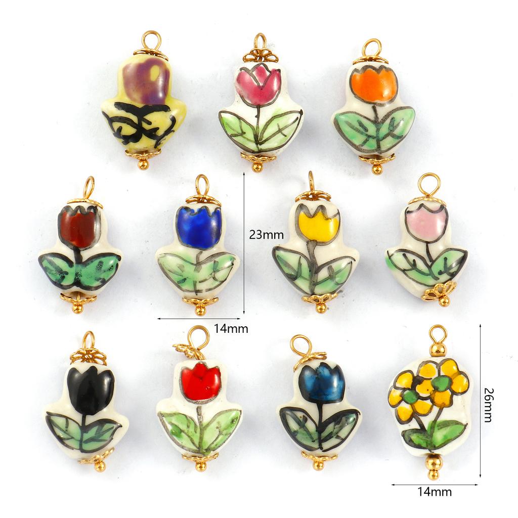 2PCs 304 Stainless Steel & Ceramic Tulip Flower Charms Flora Collection 18K Gold Plated Pendants For DIY Necklace Jewelry Making
