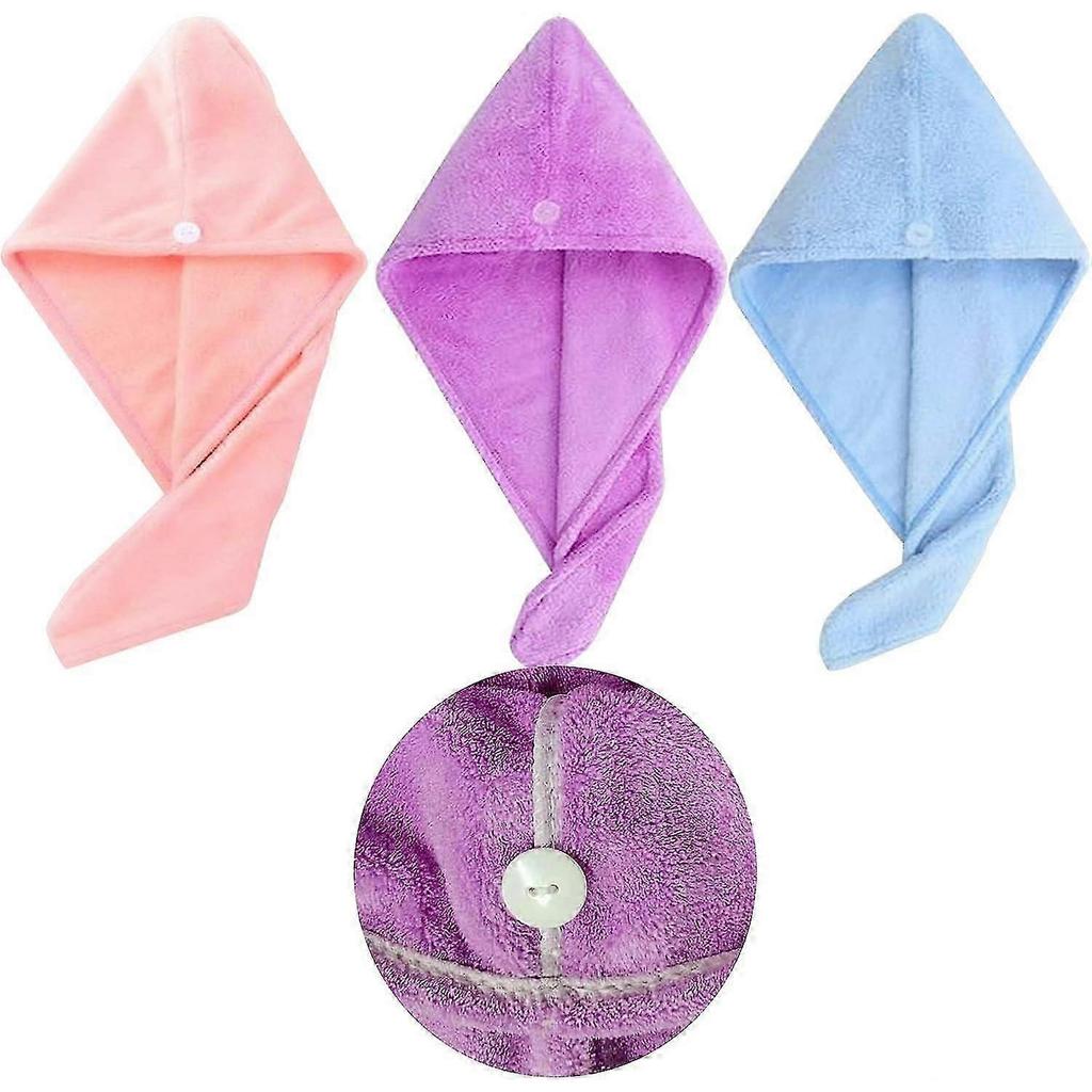 3-Pack Soft Microfiber Hair Towel Turbans with Buttons for Quick Drying, Ideal for Wet, Short, or Curly Hair
