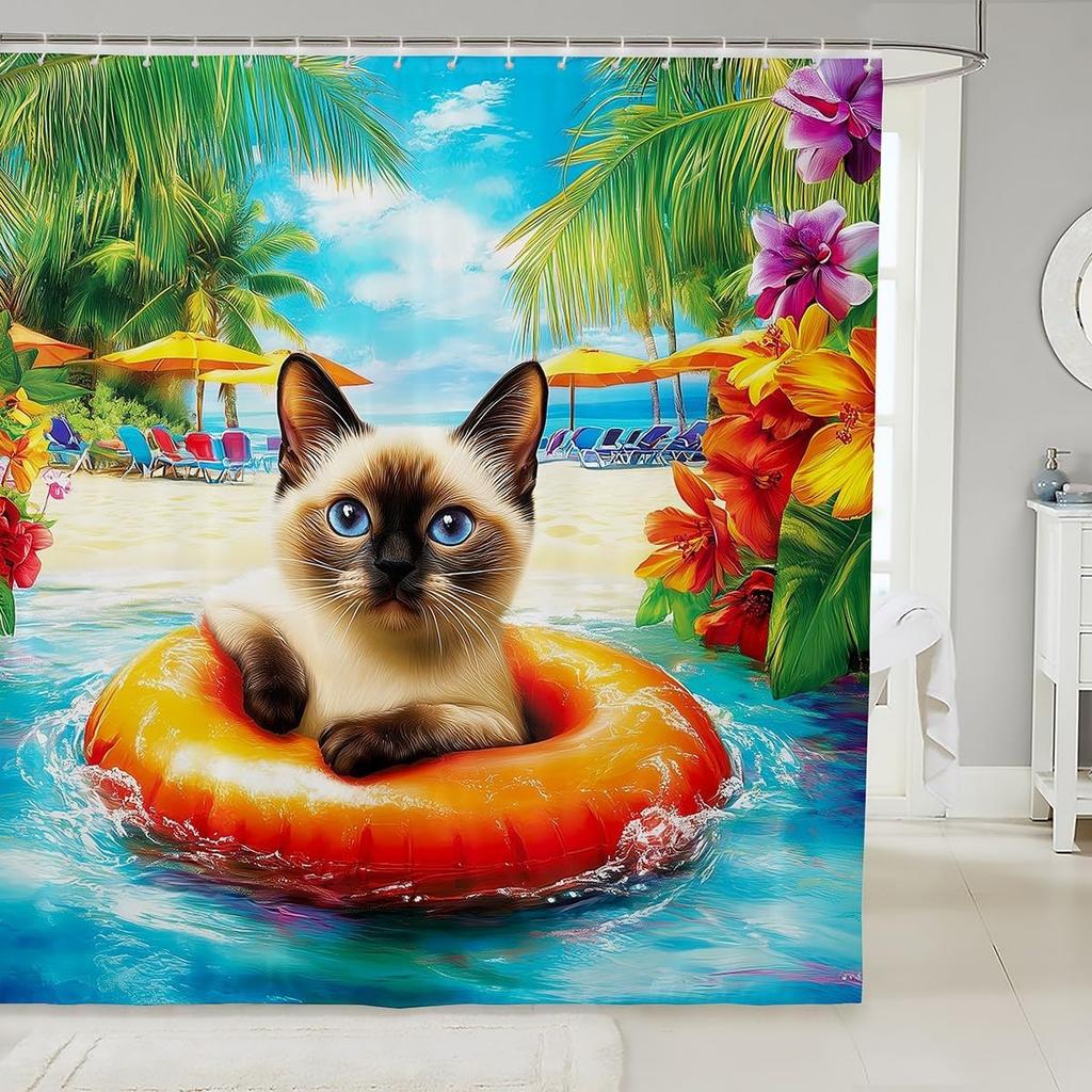 Cute Cats Shower Curtain for Kids Girls Teens Blue Floral Green Leaves Bathroom Accessories Home Garden Pets Animals Rustic Bath