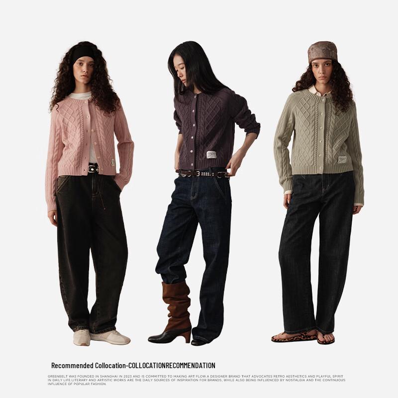 GREEN BELT Women's 2025 Winter 100% Wool Cable Knit Cardigan