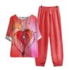Women's Casual Loungewear Set Short Sleeve Top and Wide Leg Pants Floral Print Comfortable Sleepwear