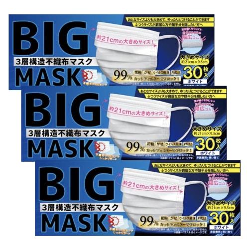 BIG Mask, White, Large Masks, 30 Masks X 3 Boxes, Big Size, 21cm Long, 6mm Wide Elastic, 3-Ply Nonwoven Fabric