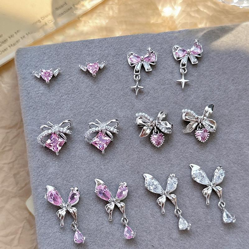 Nail Art Diamond Pink Zircon Bow Pendant Jewelry New Light Luxury Silver Butterfly Love Diamond