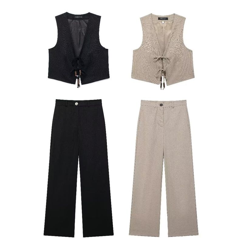 Kaslead New Arrival Women's Fashion Style Beaded Linen Vest Casual Pants 7901322 7901222