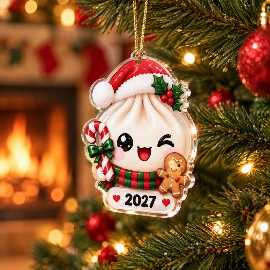 Holiday Gift for Kids 2027 Christmas Bun Ornament, 2D Flat Acrylic Steamed Pendant Small Tags with Hanging String Tree Door Bag, Atmosphere Decoration