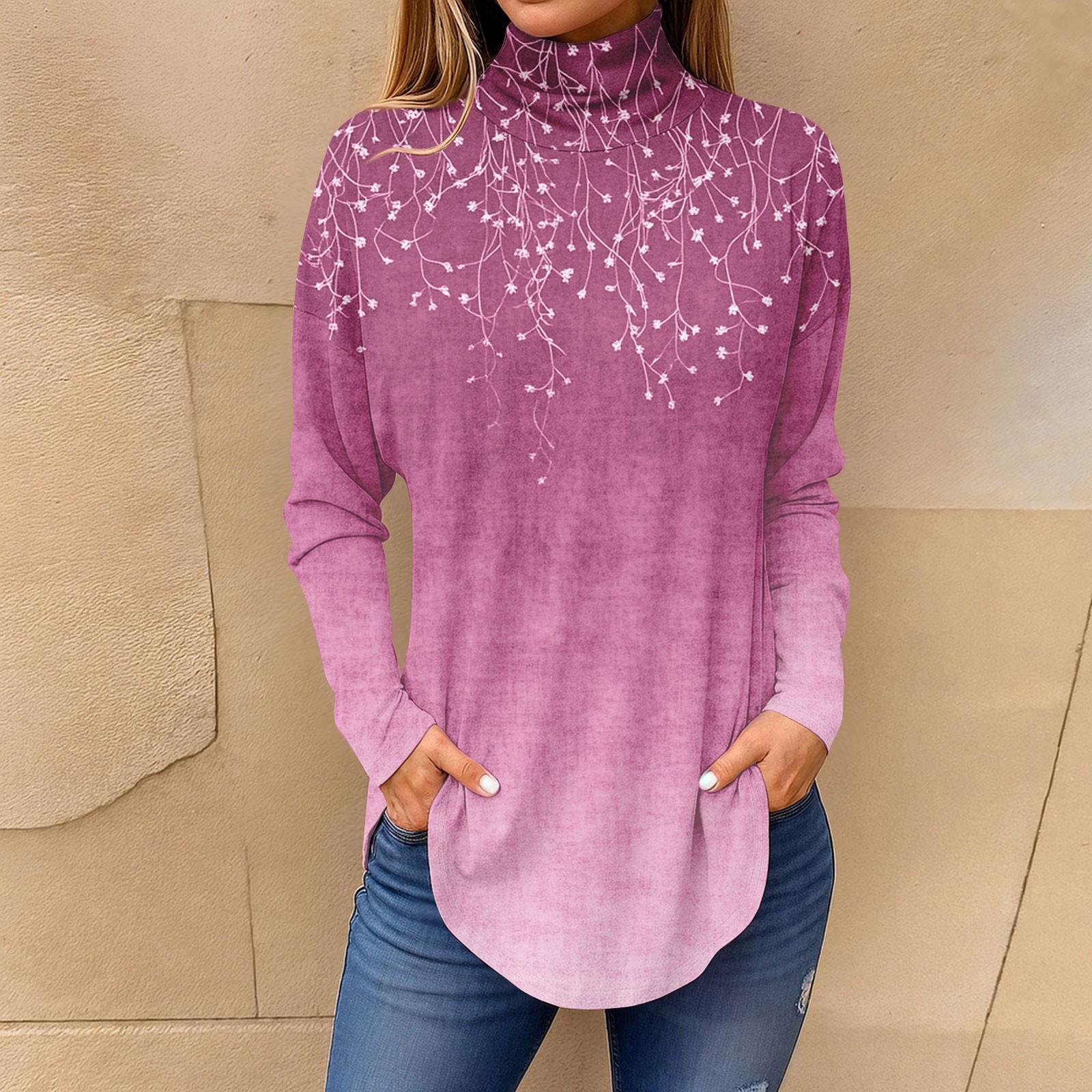 

Жіночі футболки для осені Повсякденні сорочки з довгими рукавами Світшоти Вінтажний пуловер з високим горлом і принтом S