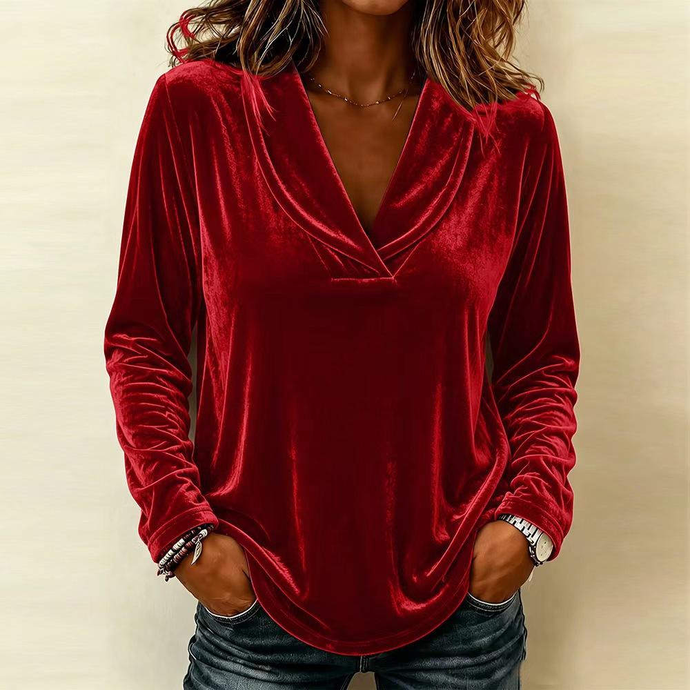 Women Velvet Long Sleeve Top V Neck Casual Loose Fit Blouse Solid Color Autumn Winter Pullover