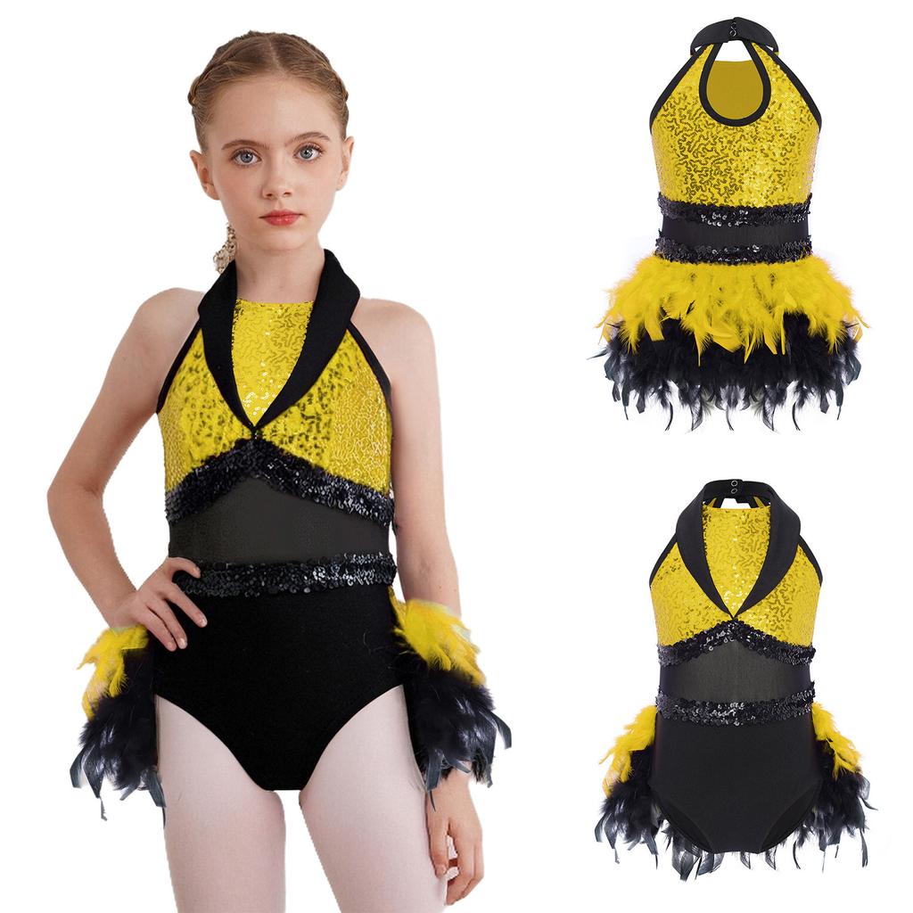 Children‘s Stage Performance Leotard Turn Down Collar Sleeveless Keyhole Back Sheer Mesh Waist Shiny Sequins Color Block with Feather Accents