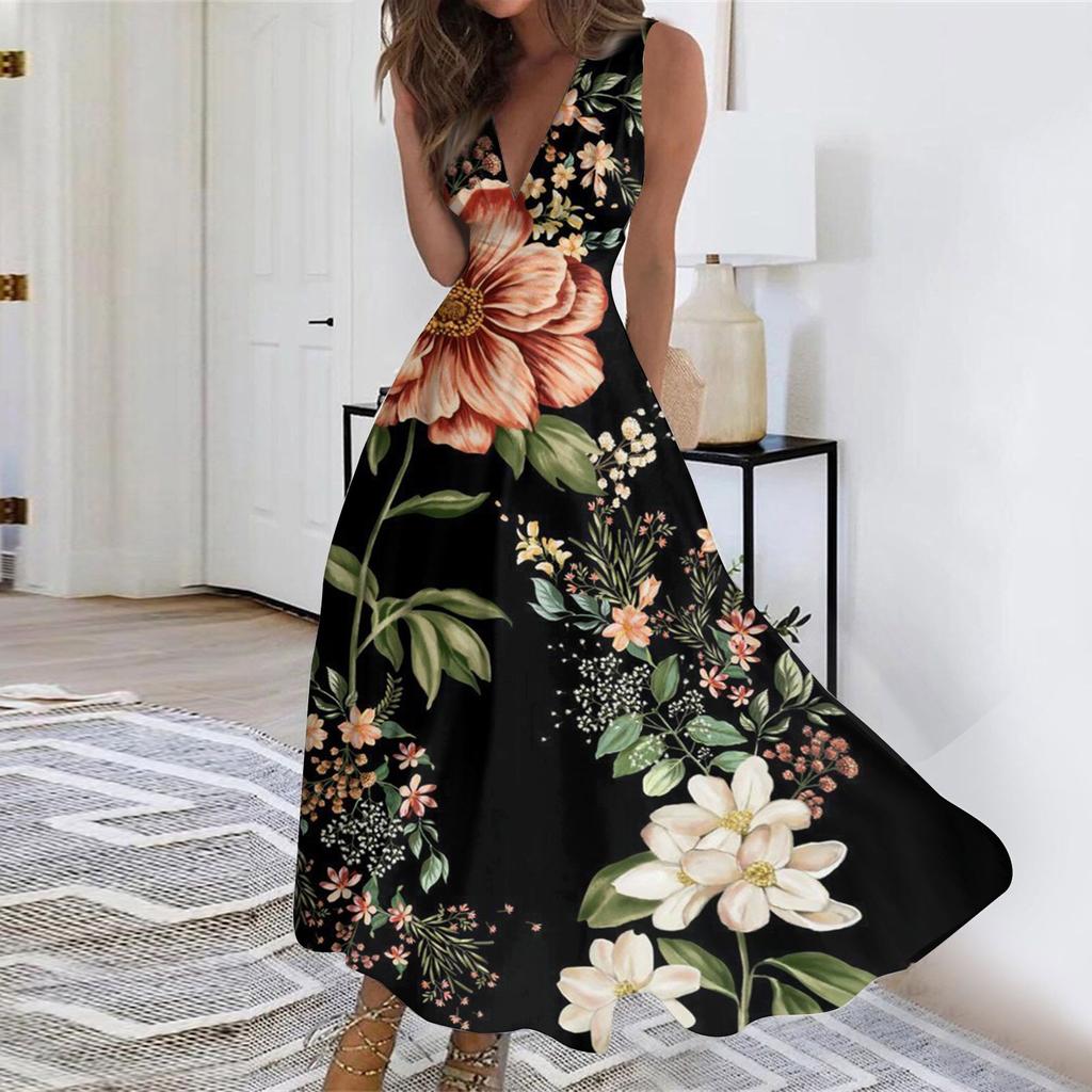 Women's Long Dress Maxi Dress Casual Dress Swing Dress A Line Dress  Fashion Streetwear Outdoor Date Print Sleeveless V Neck Dress