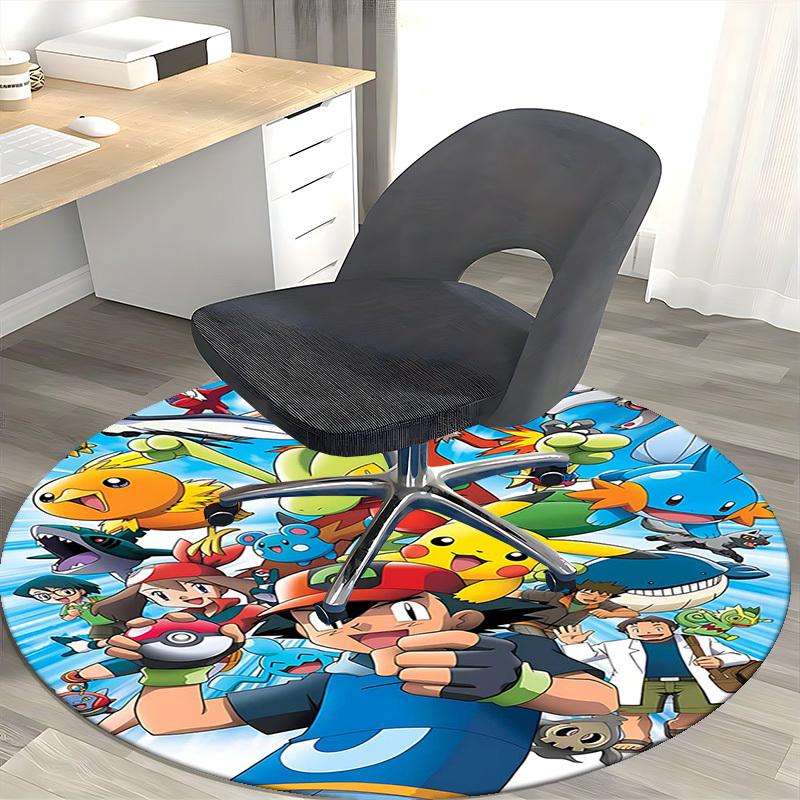1pc Pokemon Pikachu & Friends Anime Cartoon Design Round Carpet for Office Chair Mat, Non-Slip Rug Suitable for Home Decor, Living Room, Bedroom, Game
