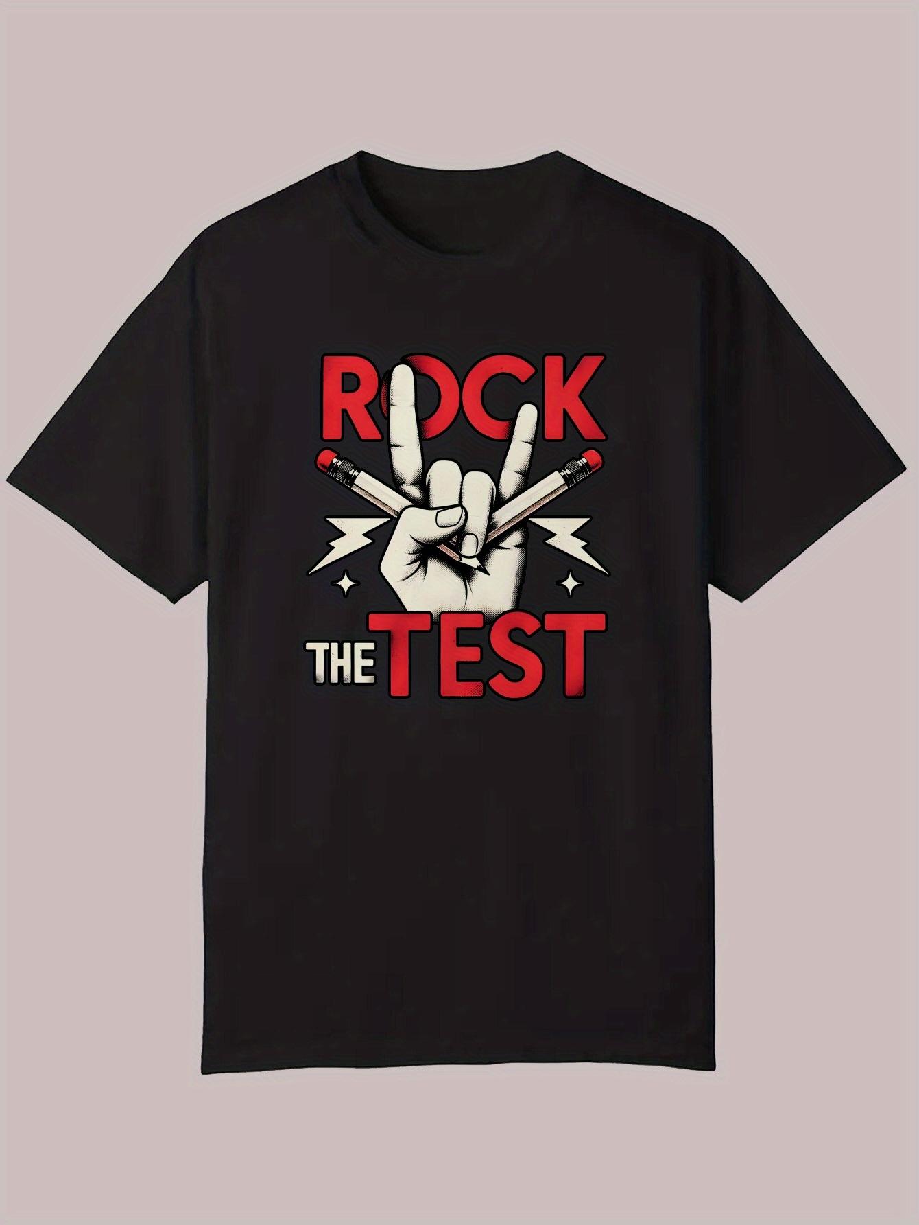 Rock the Test Graphic T-shirt - Black Casual Summer Tee with Bold White & Red Design L