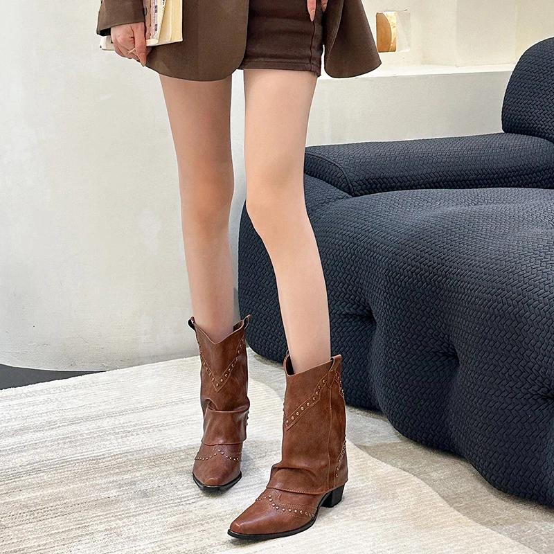 Fashion Vintage Trouser Legs Women Boots Fashion Rivet Slip On Shoes Female Thick Heel Western Cowboy Booties Zapatos De Mujer