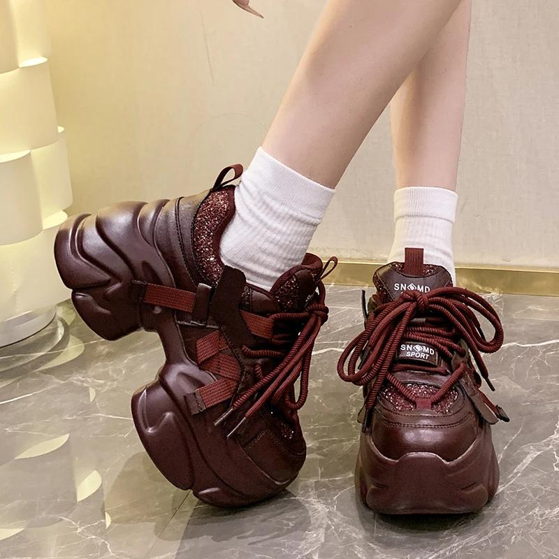 

2025 Women Bling Chunky Sneakers Winter High Platform Warm Fur Shoes Ladies Wedges Casual Dad Shoes Leather Sports Sneakers 8CM 34 червоний