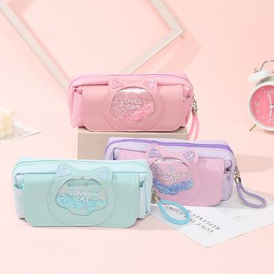 Quicksand Cat Pencil Case Stationery Bag Canvas Stationery Cat Cute Pencil Case Creative Three-layer Pencil Case