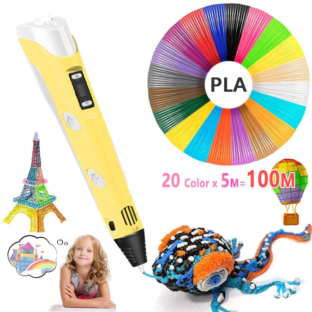 5M PLA Filament X 20 Colors 3D Printing Pen Set Doodle Printer Drawing Gift For Kids - Yellow