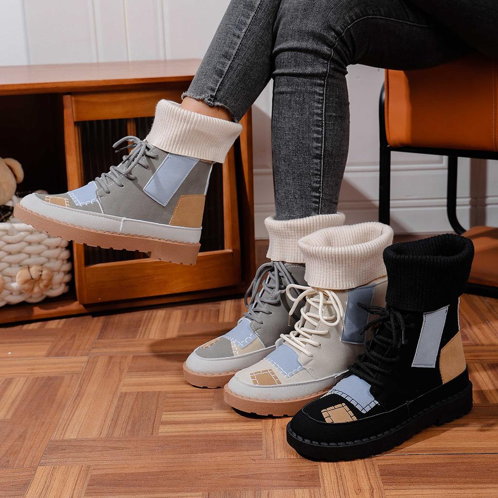 Plus Size Patchwork Martin Boots,Round Toe Mid-Calf Knit Collar Ankle Boots Women