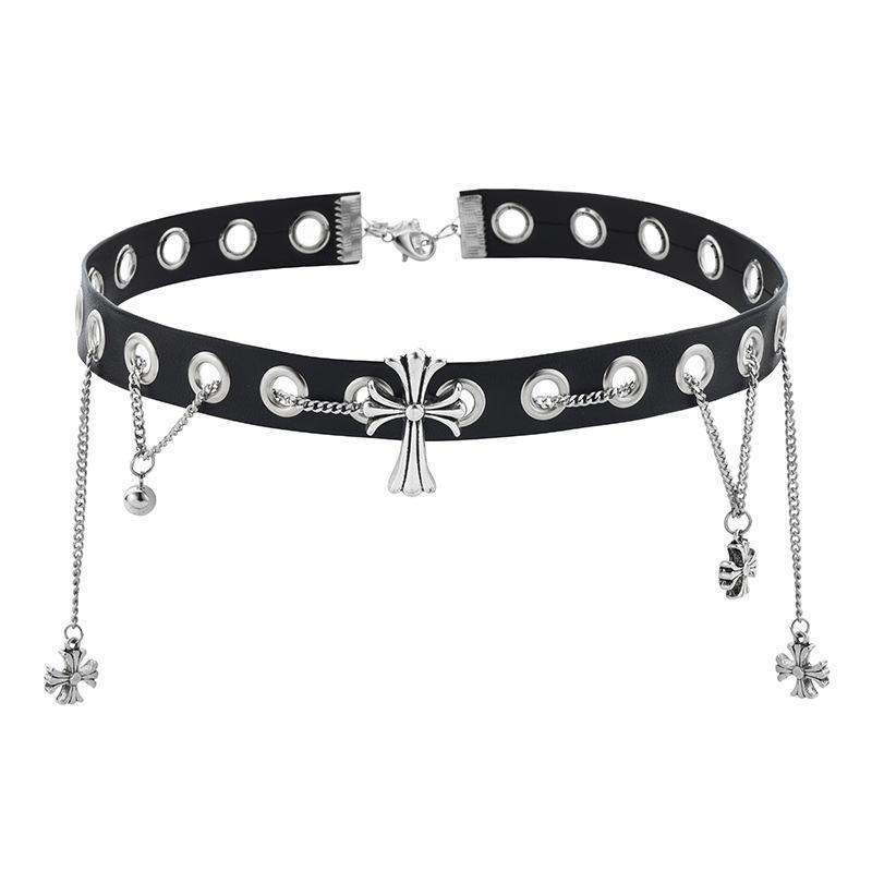 

Retro Cross Pendant Choker Necklace For Women With Fringe Tassel And Crown Design