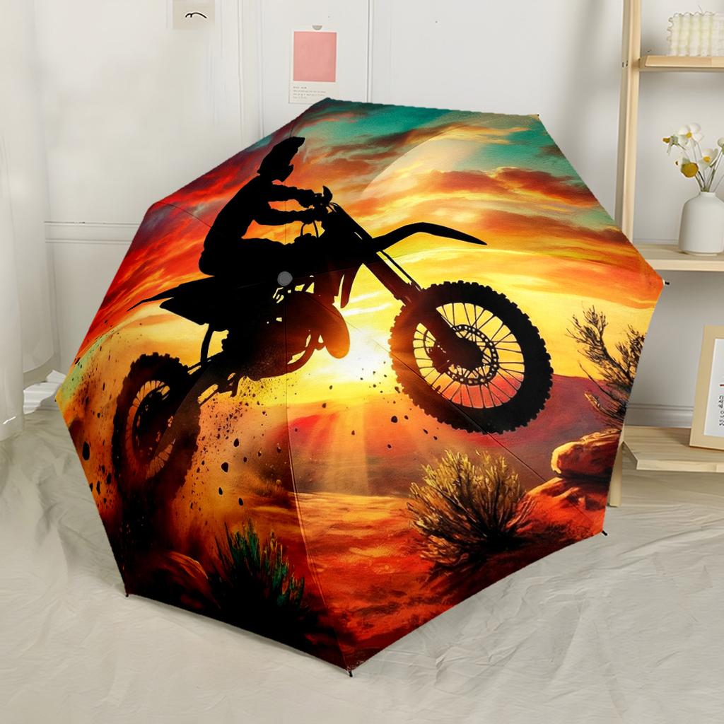 Buntglas Motorrad Kunst Automatischer Regenschirm Kompakt 8 Speichen Leichte Stabile Konstruktion Ganzjahres-Regenschirm für Reisen Modisches Accessoire