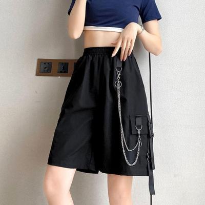 Women's Summer Shorts Casual Ribbons Loose Black Cargo Shorts Knee Length Pants with Chain Fashion Clothes