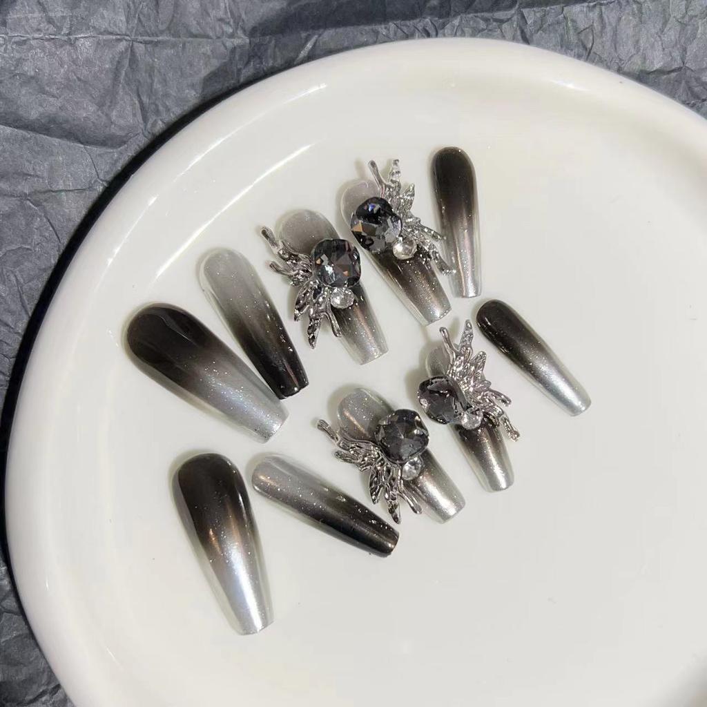 Wearing Armor Pure Handmade Manicure Finished Fake Nail Patch Magic Mirror Black French Metal Angel Wings