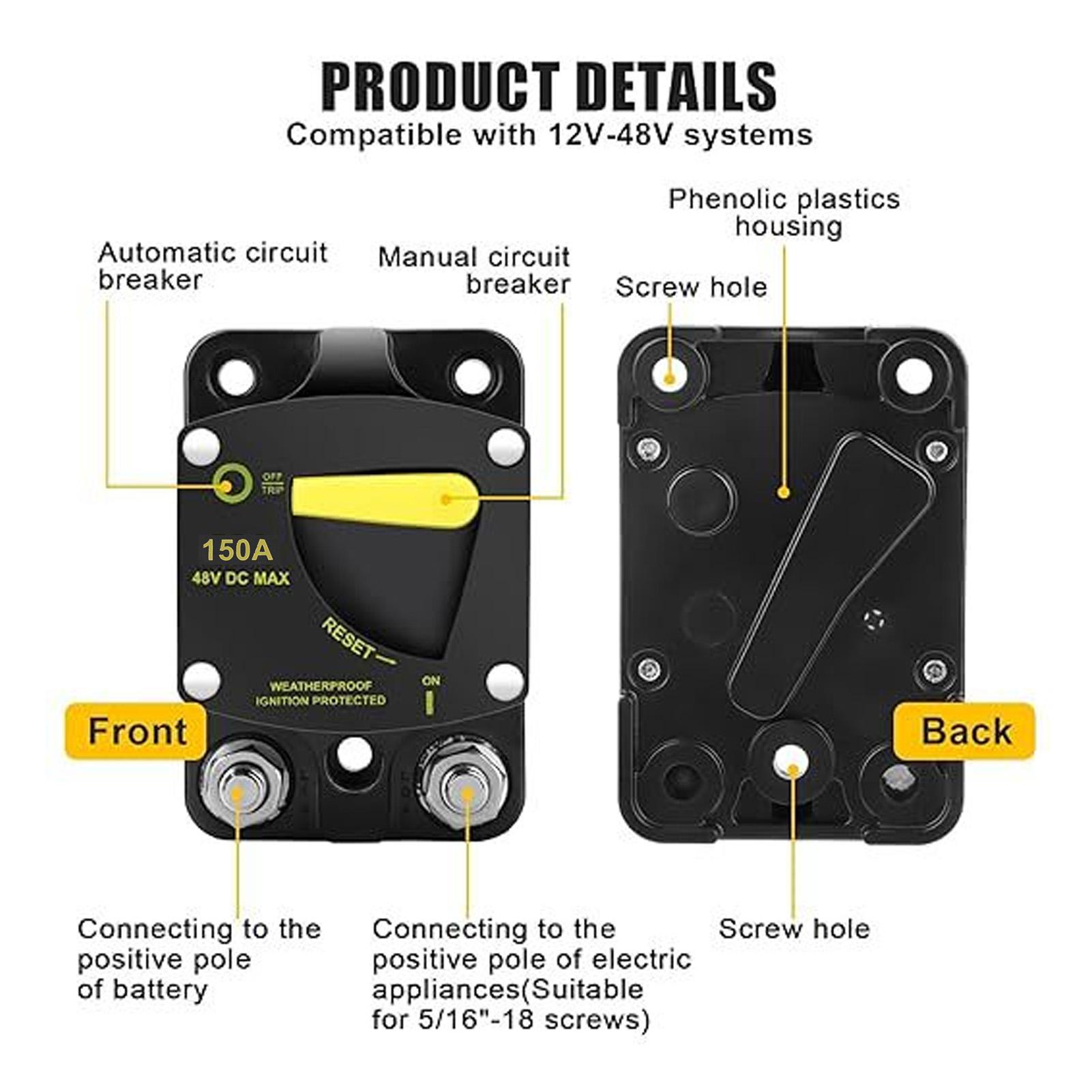 

Автоматический выключатель 12 В до 48 В постоянного тока с ручным сбросом автоматический выключатель для RV Marine Boats T 150A