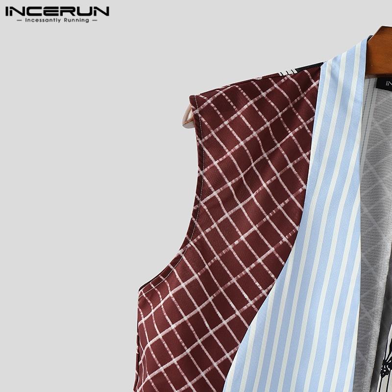 INCERUN Summer Men Sleeveless Plaid Striped Print Irregular Short Tank Tops