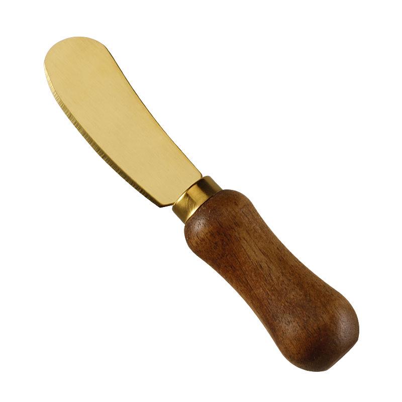 Stainless Steel Gold Cheese Knife with Acacia Wood Handle, Fork, and Spatula Utensils Set