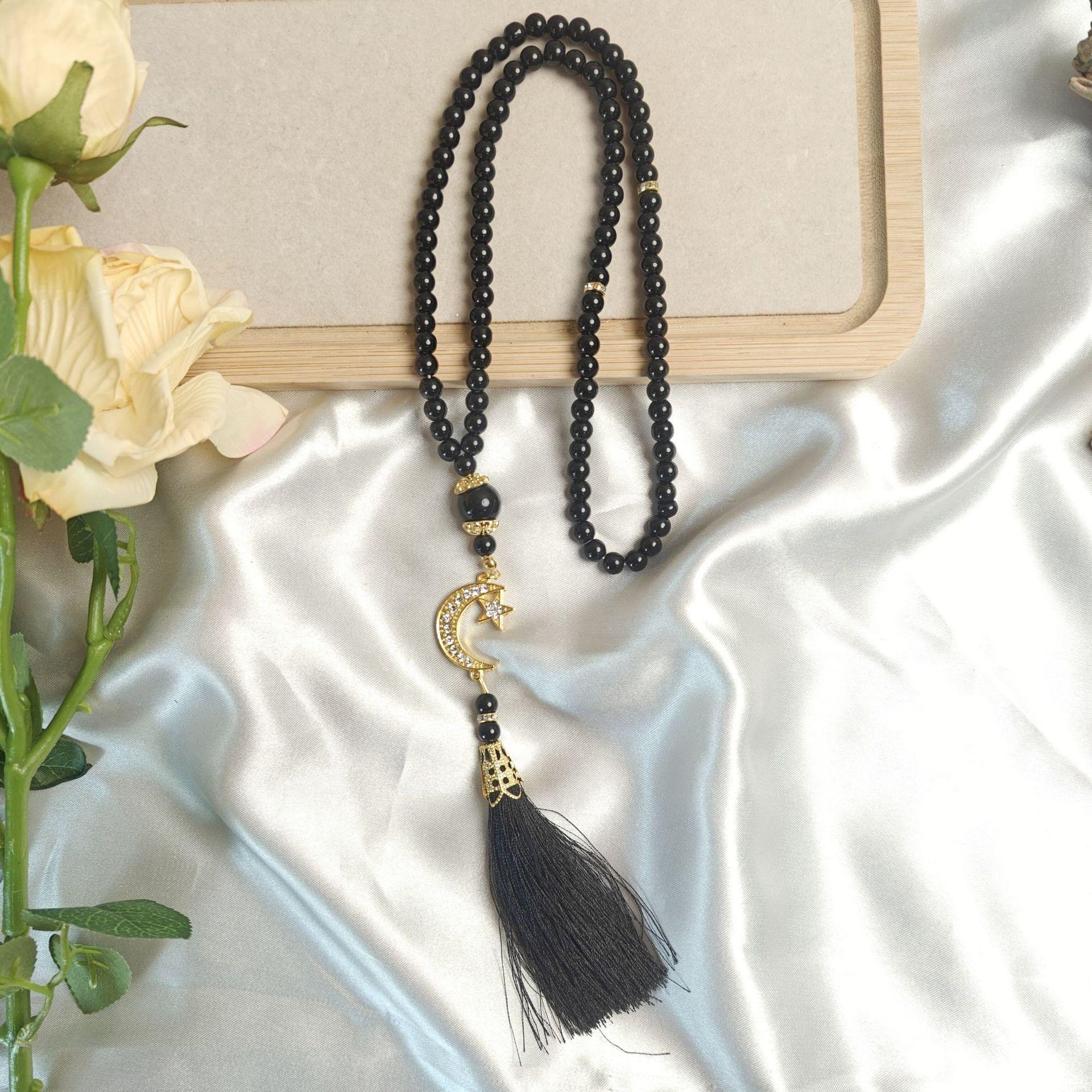 

Moon Star Pendant Rosary Lightweight Tassel Religious Gift Glass Bead Necklace Muslim Tasbih Prayer Beads For Religious чорний