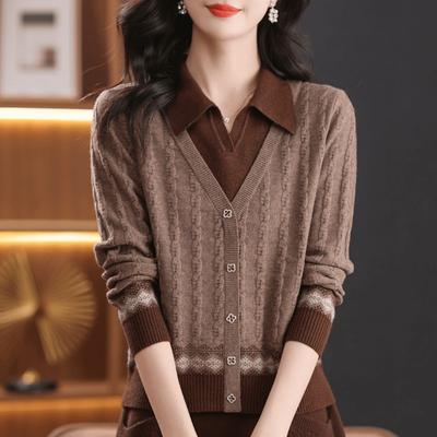 Women's Retro Ethnic Style Knitwear Autumn and Winter Holiday Two-piece Shirt Sweater Loose Flesh Covering Temperament Top