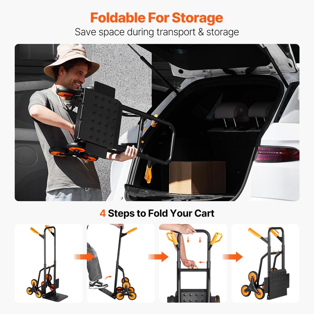 SucceBuy 440 lbs Folding Hand Truck Dolly with 6 Wheels & 2 Elastic Ropes Stair Climbing Cart for Shopping Moving Warehouse