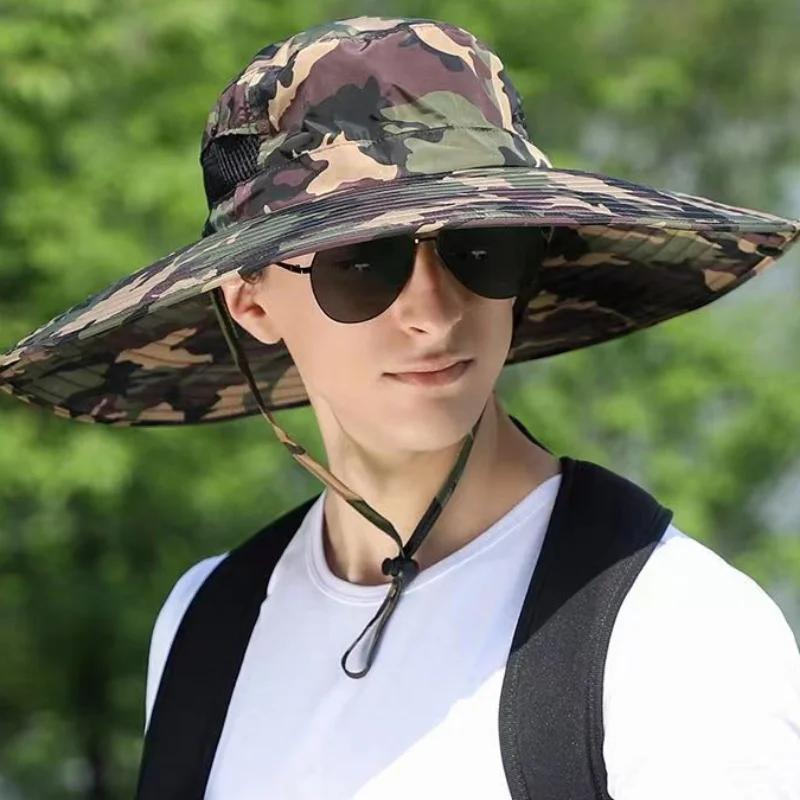 

Капелюх від сонця з великими полями 15 см для чоловіків, літній захист обличчя, шиї, дихаючий пляжний кепка з камуфляжним принтом Капелюх для піших прогулянок на відкритому повітрі, риболовля onesize