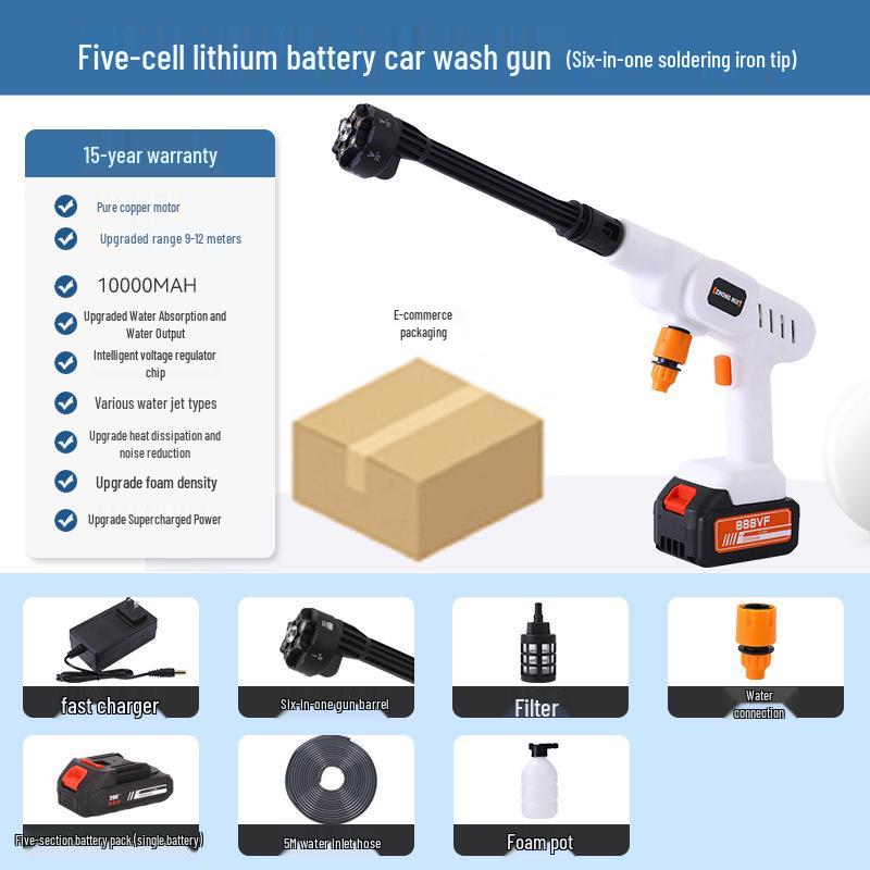 Portable Wireless Lithium Battery Car Washer: 10-Setting High-Pressure Water Gun with Six-in-One Head