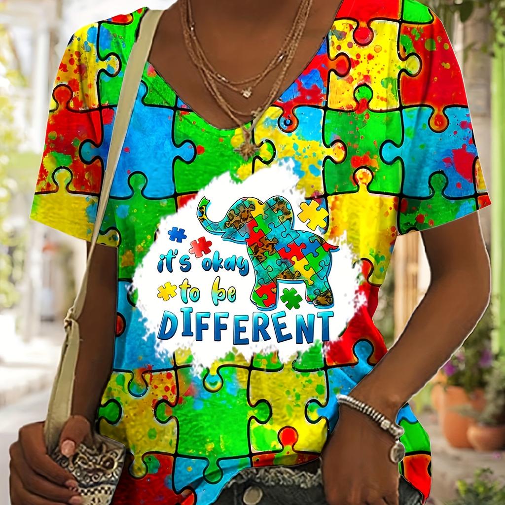 Elephant Pattern Muti Color T-shirt, Casual V-neck Short Sleeve Top, Women's Clothing