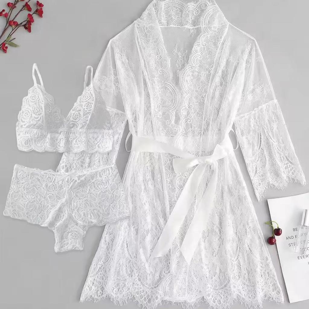 Thin see-through erotic lingerie ribbon tunic kimono dressing gown lace sexy cardigan long skirt female summer