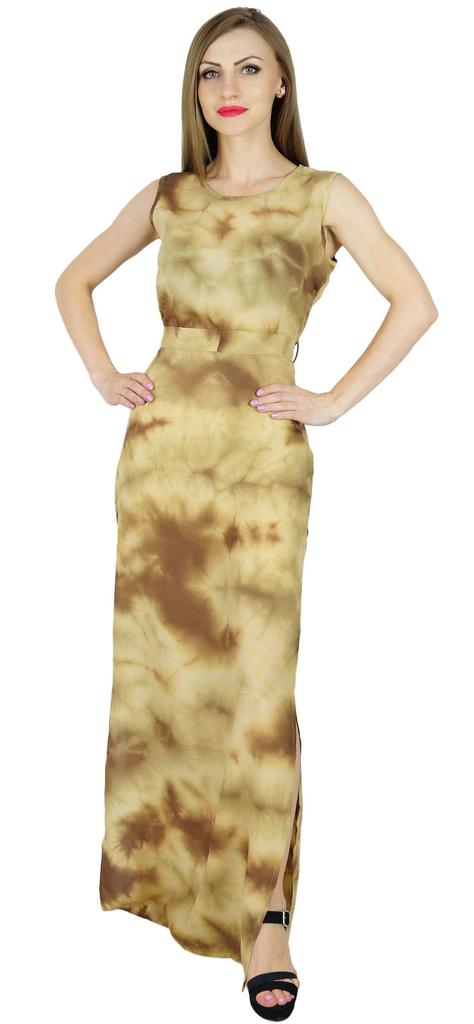 Bimba Women Long Rayon Maxi Dress Tie & Dye Brown Summer Wear Sleeveless