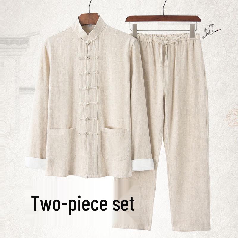 Men's Chinese Style Cotton Linen Tang Suit Jacket & Pants Set with Frog Buttons - Retro Zen Meditation Outfit