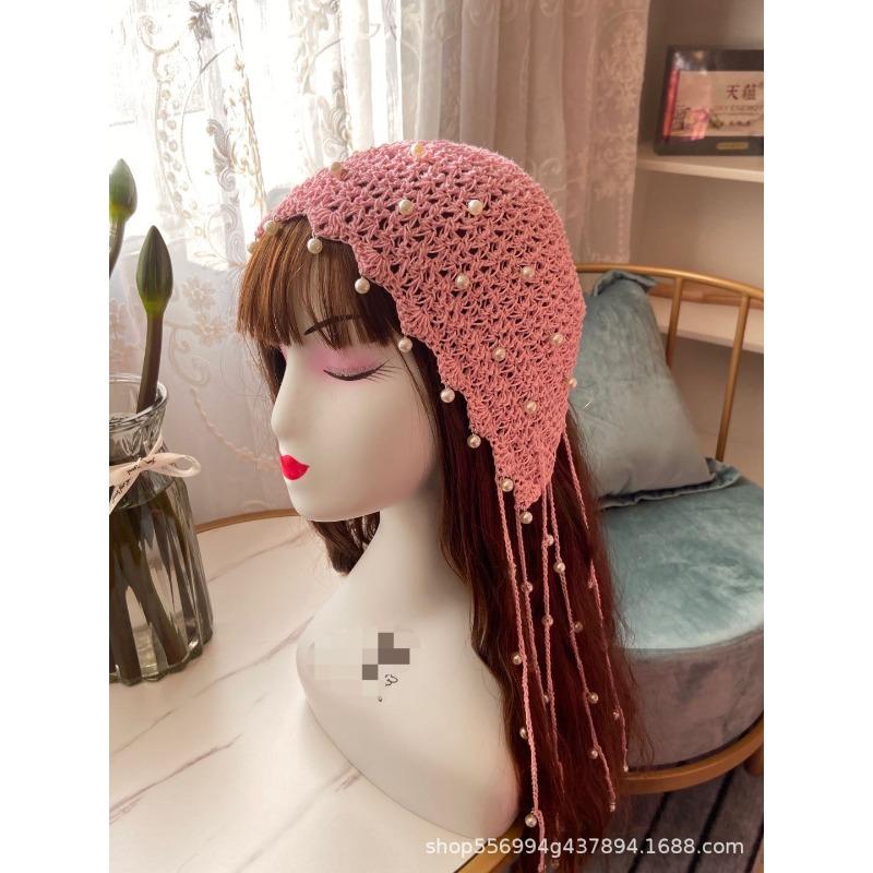 Spring and summer handmade hat women's pearl fringed hook knitted hat retro hollow headgear versatile headscarf hat