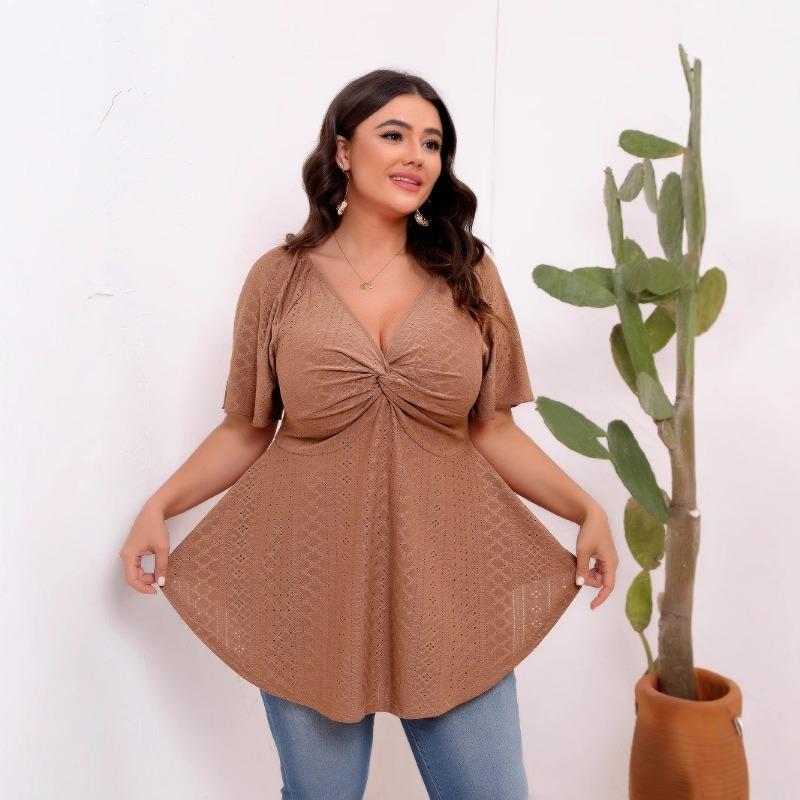 Womens Plus Size Eyelet Blouse V Neck Twist Front Short Sleeve Peplum Casual Top 0XL янтарь