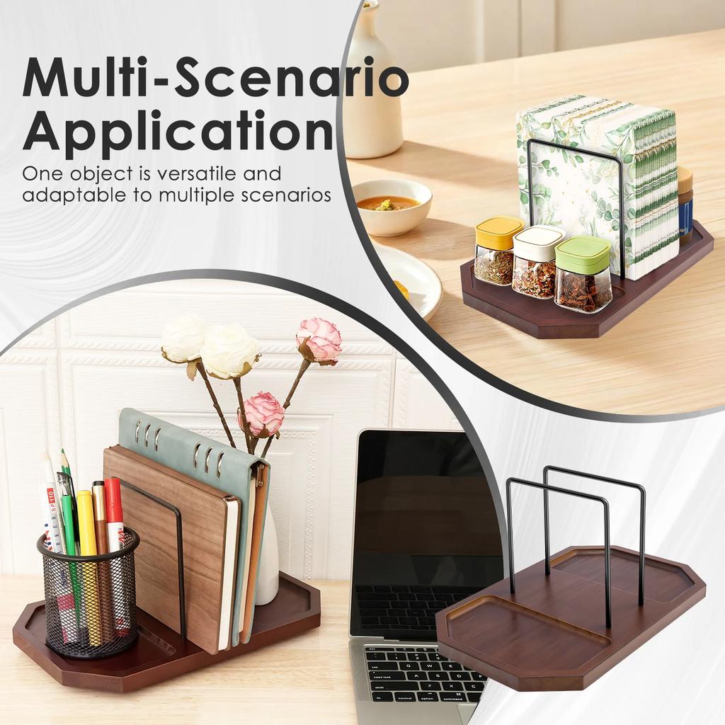 Napkin Holder Metal and Wood Standing Napkin Dispenser with 360° Rotating Storage Base Kitchen Organizer for Counter Decoration
