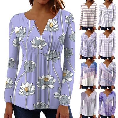 Women's Spring Autumn Pleated Button Down Collar Floral Print Long Sleeve Top