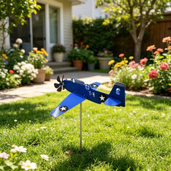 Metal Airplane Weathervane, Outdoor Garden Wind Spinner, Rotating Aircraft Yard Art Stake, 3D Kinetic Wind Sculpture for Patio, Lawn, Porch