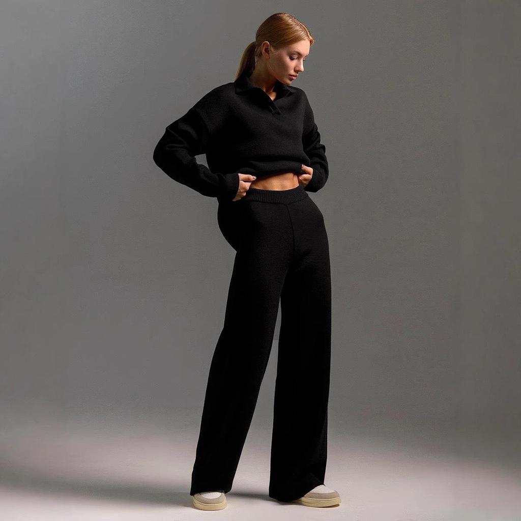 European & American Polo Collar Casual Pullover with Wide-Leg Pants Two-Piece Set for Women - Autumn/Winter 2025 Collection