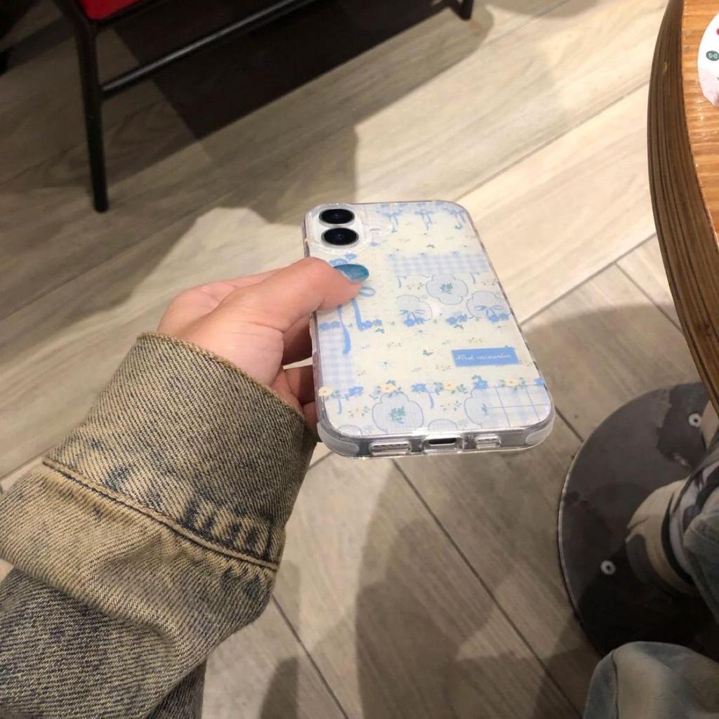 Spring Pastoral Blue Plaid Floral French-Style Phone Case for 16 Pro Max, 15 Pro, 14 - Double Layer Protection
