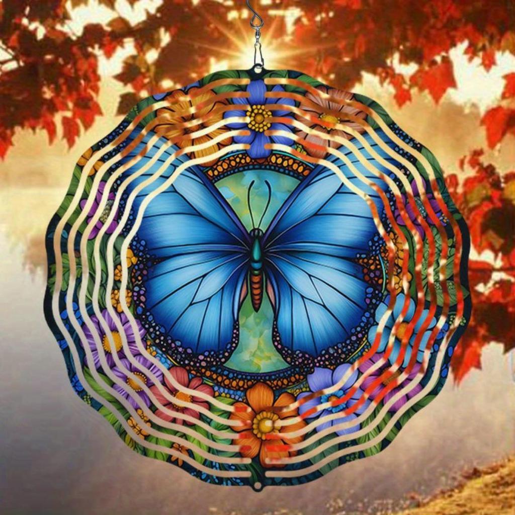 Metal Wind Spinner with Blue Butterfly and Multicolor Floral Design 2D Kinetic Garden Decor Outdoor Art Creative Gift for Home and Garden
